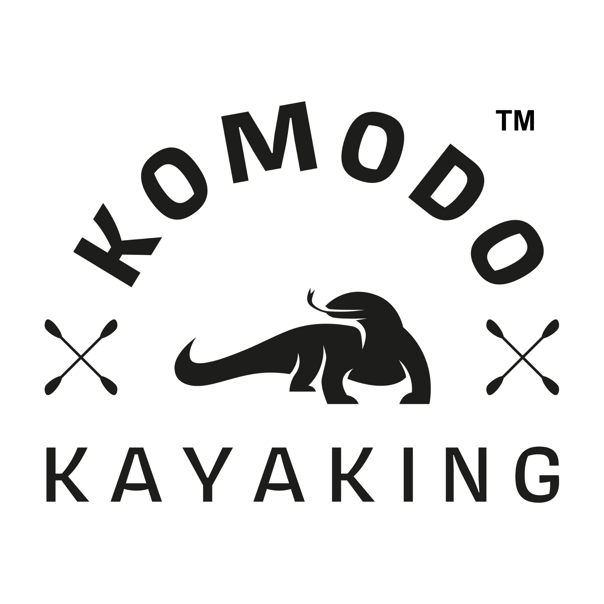 Komodo Kayaking logo with a Komodo dragon silhouette, crossed kayak paddles, and the trademark symbol (™) above the word "Komodo".