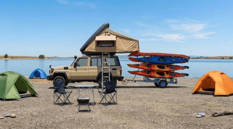 Jeep with rooftop tent, kayaks, and beach camping setup by the water in Flores